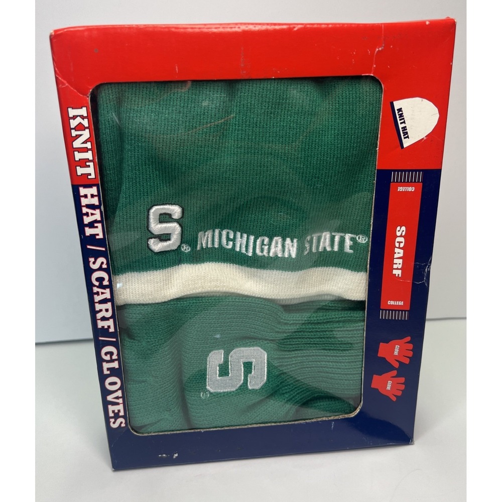 Vintage 90s Michigan State Knit Hat Scarf Gloves Gift Set NIB Deadstock